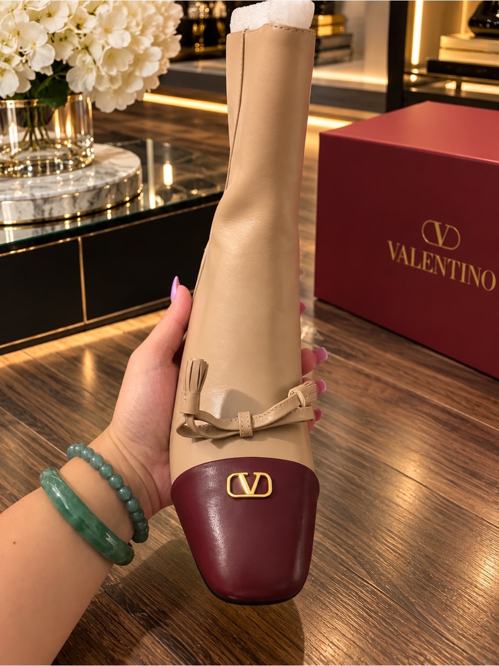 Valentino Women’s Two-Tone Beige and Burgundy Leather Mid-Boot